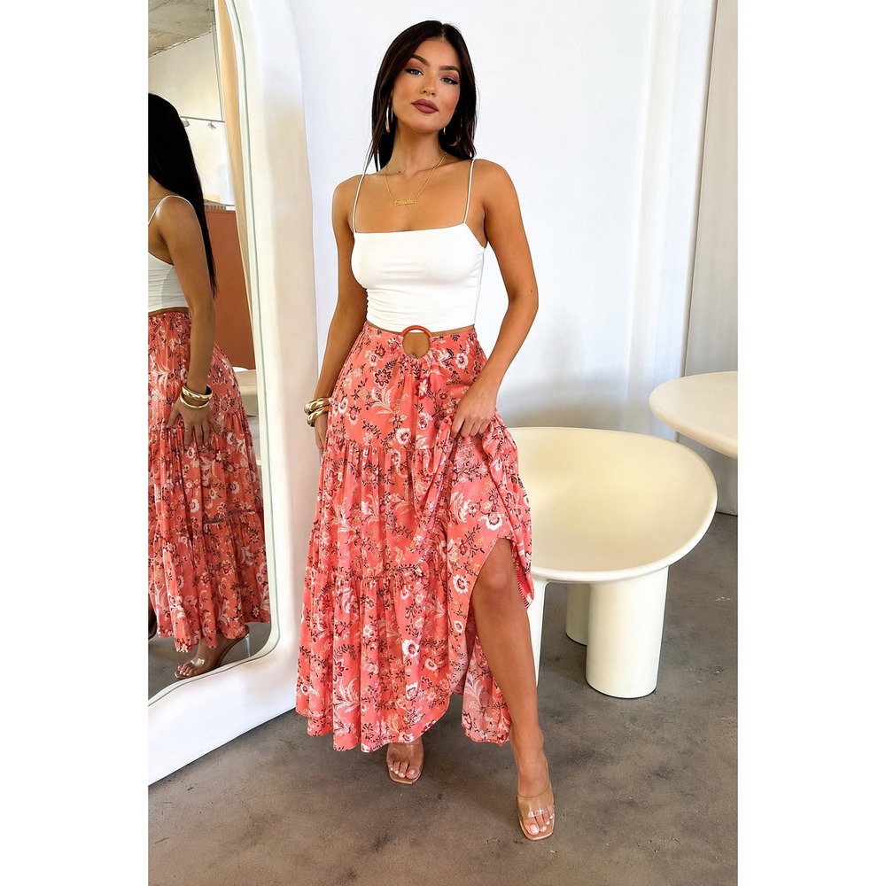 Thats So Fetch Coral Floral Tiered Maxi Skirt O-Ring Cutout Boho Pink Size 8 US